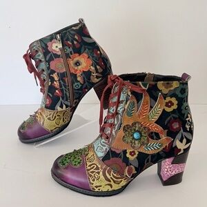 Floral Embellished Heeled Ankle Boots Gracosy leather and fabric EU 41